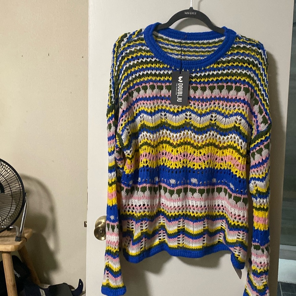 Women’s striped stylish autumn winter knit wear hollow top long sleeves sweater